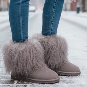 Bearpaw Boo Grey Shearling Wool Line Curly Lamb Fur Mongolian Sherpa Boots 8